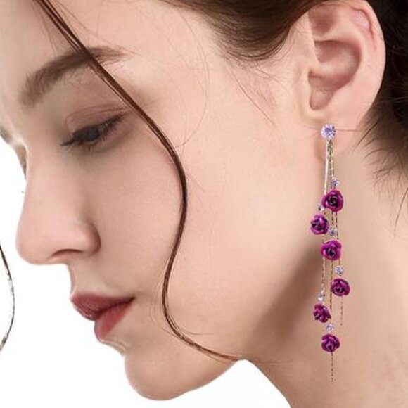 3D Rose Flower Crystal Long Tassel Drop Earrings - Picture 1 of 6